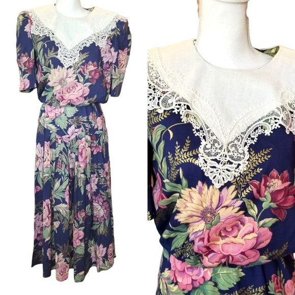 Vintage 80s Floral Blue Blouson Midi Dress Exaggerated Collar Cottage Core Small - Picture 1 of 8